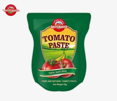 Pássado de tomate em saco stand-up de atacado, disponível em tamanhos de 56g, oferece um produto puro sem aditivos.