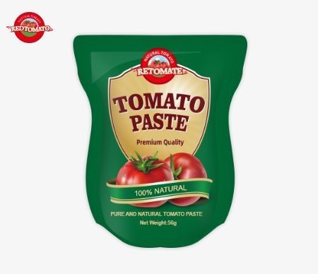 Pás de tomate em saquinho stand-up, disponível em tamanhos de 56 g, fornece um produto puro sem aditivos.