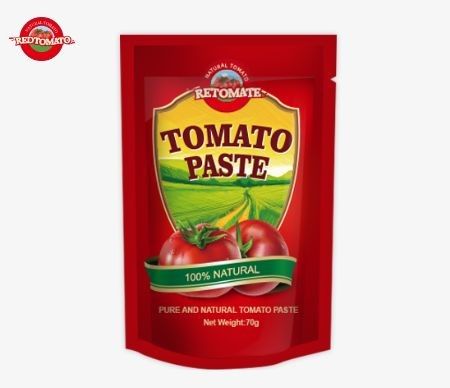 Bolsas de pasta de tomate premium de 70 g duplo concentrado disponíveis em modelos planos e de pé