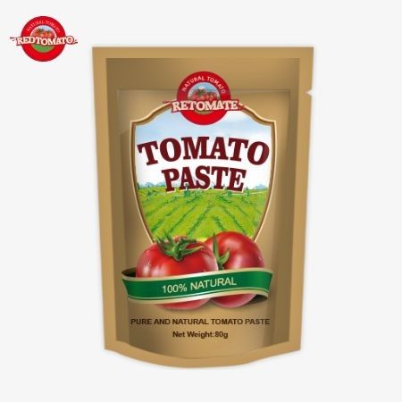 80 g de pasta de tomate em saco duplo concentrado, com uma pureza que varia de 30% a 100%