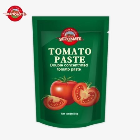 Saco de 80 g de pasta de tomate duplamente concentrada com níveis de pureza entre 30% e 100%