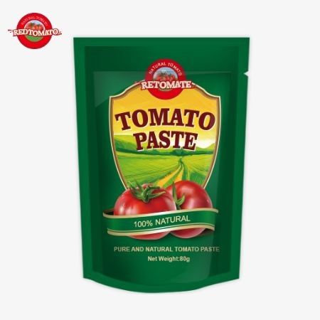 80g de pasta de tomate duplamente concentrada é oferecida com níveis de pureza variando de 30% a 100%
