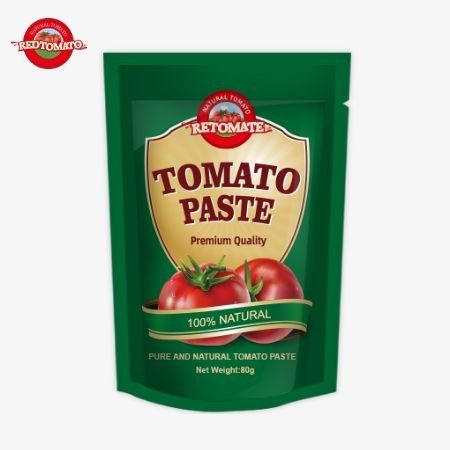 Saco de 80 g contendo pasta de tomate duplamente concentrada com níveis de pureza que variam de 30% a 100%