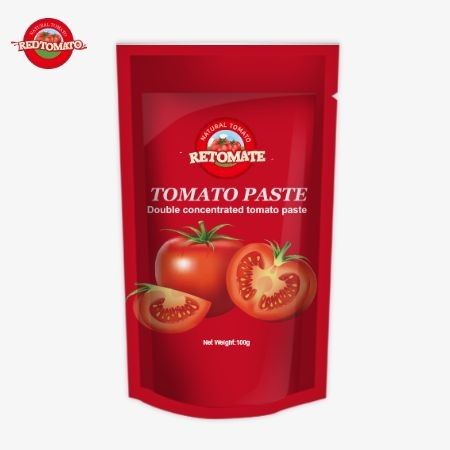 OEM 100g Saquete Stand-Up contém pasta de tomate duplamente concentrada com pureza que varia de 30% a 100%