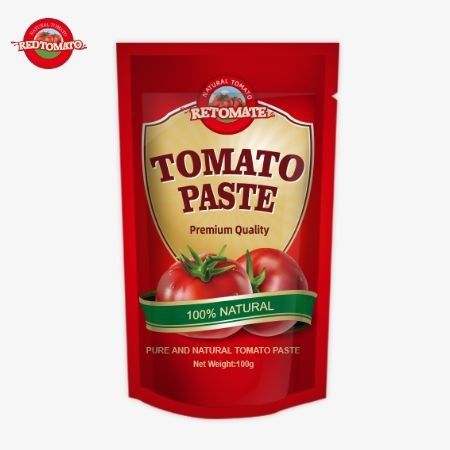 OEM 100g Saquete Stand-Up contém pasta de tomate duplamente concentrada com pureza que varia de 30% a 100%
