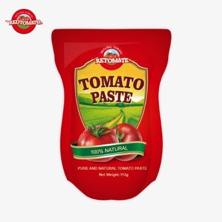 Fábrica de pasta de tomate produz 113g saquetes de pé seguindo normas de produção ISO HACCP BRC e FDA