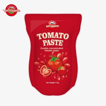 Fábrica de pasta de tomate produz 113g saquetes de pé seguindo normas de produção ISO HACCP BRC e FDA