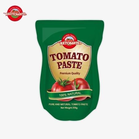 O saco de stand-up é 250g de pasta de tomate doce e picante com uma pureza que varia de 30% a 100%