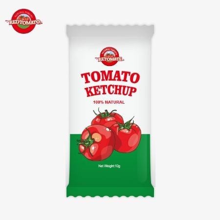 Um saquinho de 10 gramas de ketchup de tomate oferece um sabor rico e doce feito com ingredientes naturais, disponível a um preço de fábrica