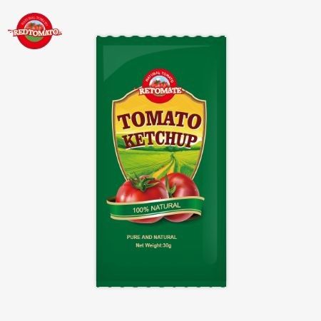 Saquete de ketchup de tomate OEM de 30g com sabor puro e natural, atende às normas ISO HACCP BRC e FDA de qualidade e segurança.