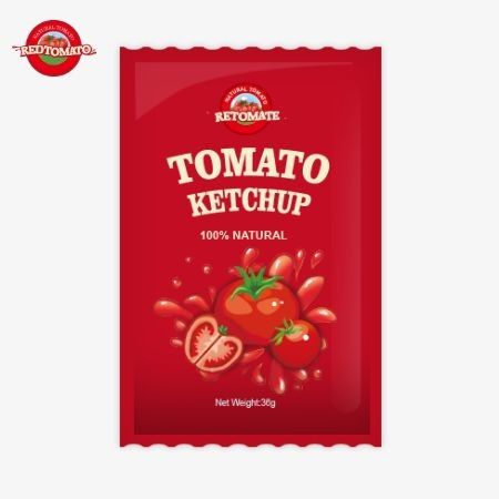 Saquete de ketchup de tomate de 36g com sabor puro e natural, que atende às normas ISO HACCP BRC e FDA.
