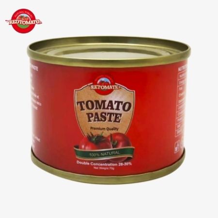 Retomate 70g Pasta de tomate enlatada com Brix 28% 30% Disponível sob marca própria Também vem com serviços completos de marca e design de embalagem