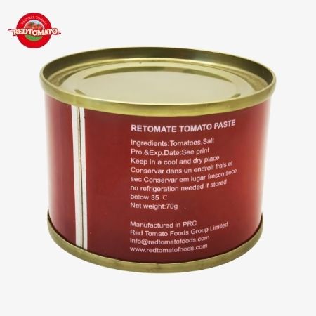 Retomate 70g Pasta de tomate enlatada com Brix 28% 30% Disponível sob marca própria Também vem com serviços completos de marca e design de embalagem