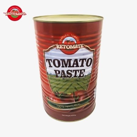 A pasta de tomate enlatada Retomate 4500g (Brix 28–30%) está disponível sob nossa marca com serviços completos de design de marca e embalagem