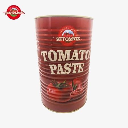 A pasta de tomate enlatada Retomate 4500g (Brix 28–30%) está disponível sob nossa marca com serviços completos de design de marca e embalagem