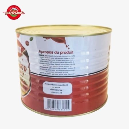 INAYA 2200g Pasta de tomate enlatada com uma tampa dura e aberta, concentrada em Brix 28-30%, disponível com serviços de design de embalagem.