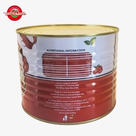 INAYA 2200g Pasta de tomate enlatada com uma tampa dura e aberta, concentrada em Brix 28-30%, disponível com serviços de design de embalagem.