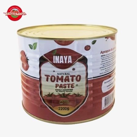INAYA 2200g Pasta de tomate enlatada com uma tampa dura e aberta, concentrada em Brix 28-30%, disponível com serviços de design de embalagem.