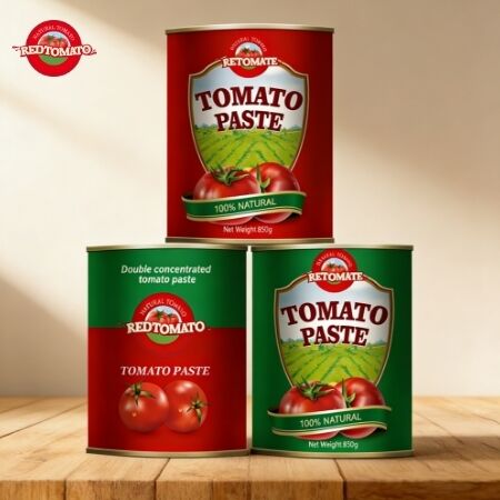 850 g de pasta de tomate duplamente concentrada em latas fáceis de abrir com certificação ISO, HACCP, BRC, FDA