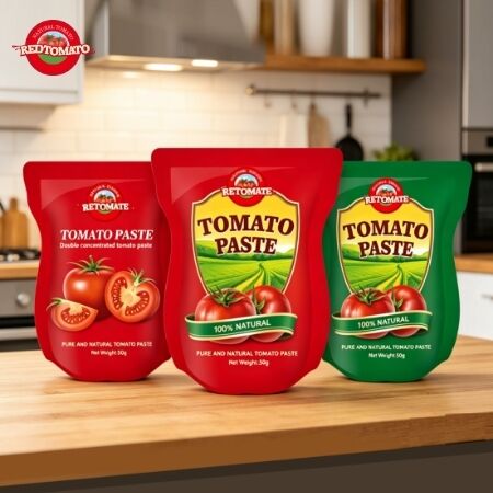 Esta bolsa de pé contém 56g de pasta de tomate duplo concentrado, com uma pureza de 28% a 100%.