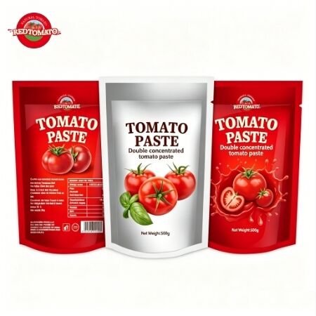 Pasta de tomate duplamente concentrada em sachês com bico de 500g para uso conveniente