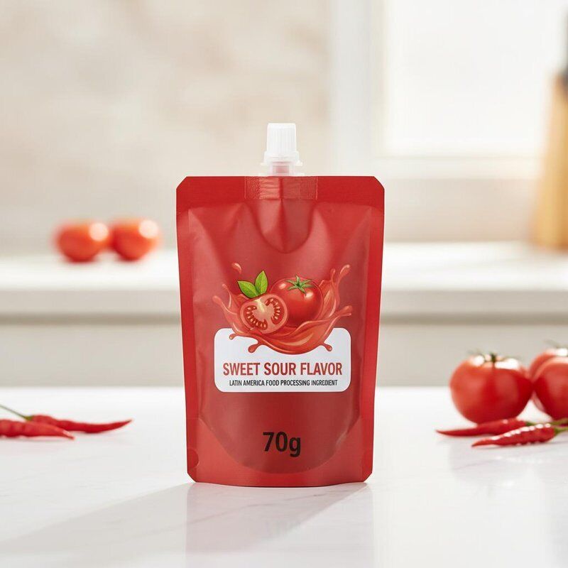 70g Pasta de Tomate Vermelho em Sachê Autoportante Sabor Doce e Azedo Processamento de Alimentos América Latina Ingrediente