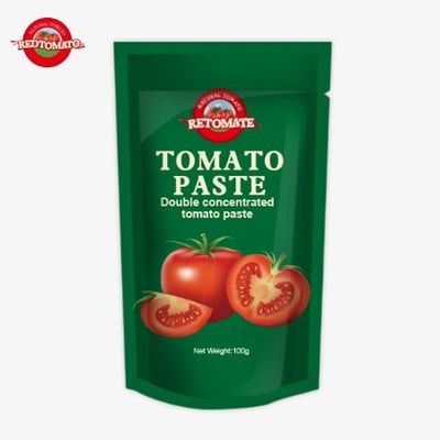Pasta de tomate com 100% de pureza embalada em uma saqueta de 100g