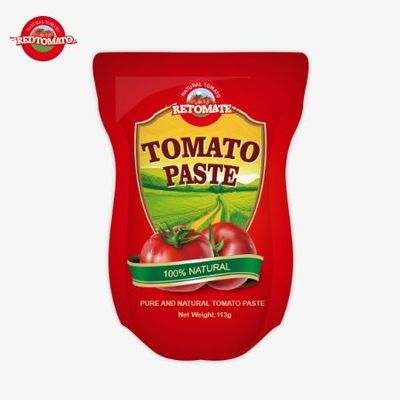 Fábrica de pasta de tomate produz 113g saquetes de pé seguindo normas de produção ISO HACCP BRC e FDA