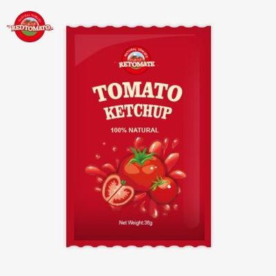 Saquete de ketchup de tomate de 36g com sabor puro e natural, que atende às normas ISO HACCP BRC e FDA.