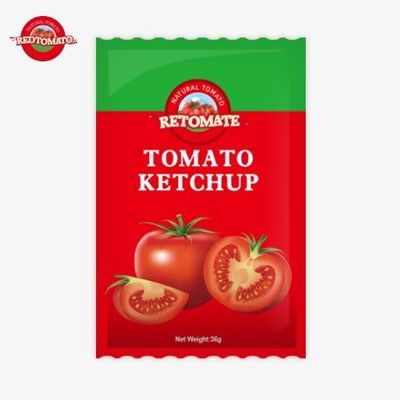 Saquete de ketchup de tomate de 36g com sabor puro e natural, atendendo às normas ISO HACCP e FDA