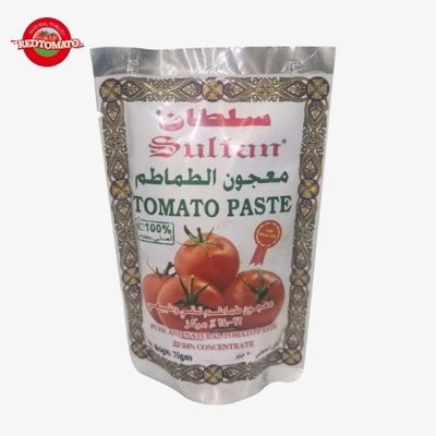Saches de Pasta de Tomate de Alta Qualidade da Marca SULTAN Disponíveis em Designs Stand-Up Duplamente Concentrados e Pesando 70g Brix 22–24%